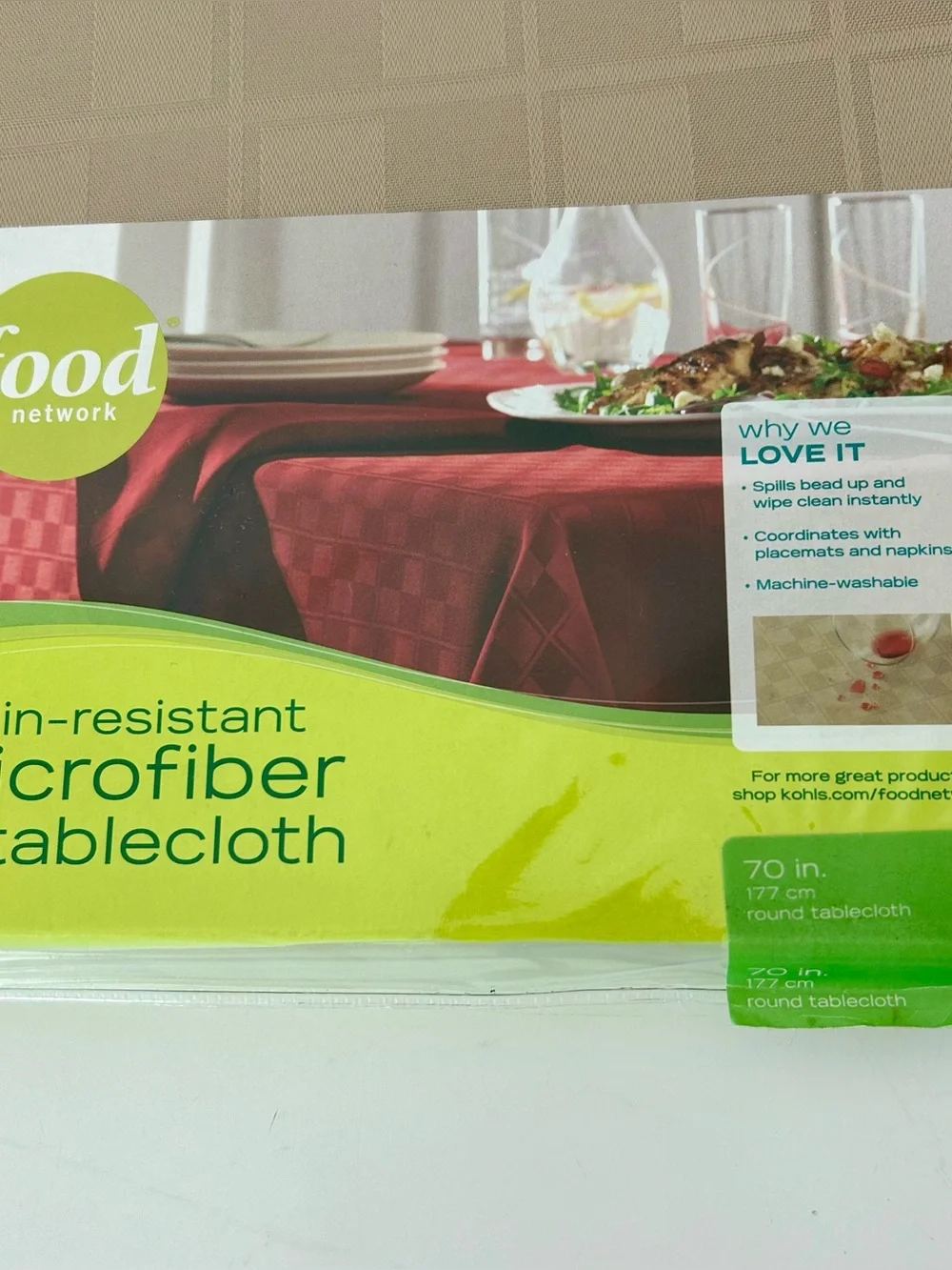 NEW- Beige Food Network Microfiber Floral Tablecloth 70” Round, square pattern
